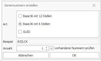 Dialog zum erstellen von Seriennummern